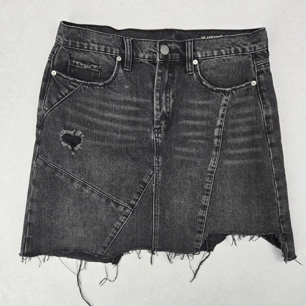 Blank NYC Womens 29 Denim Mini Skirt Black Distressed Asymmetrical Raw Hem